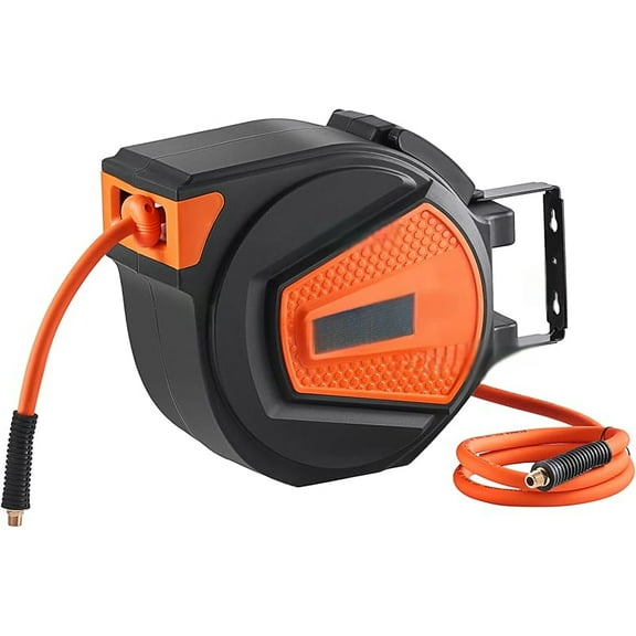 Retractable Air Hose Reel, 3/8 IN x 50 FT Hybrid Air Hose Max 300PSI, Air Compressor Hose Reel with 5 ft Lead in, Ceiling/Wall Mount Heavy Duty Single Arm Steel Reel