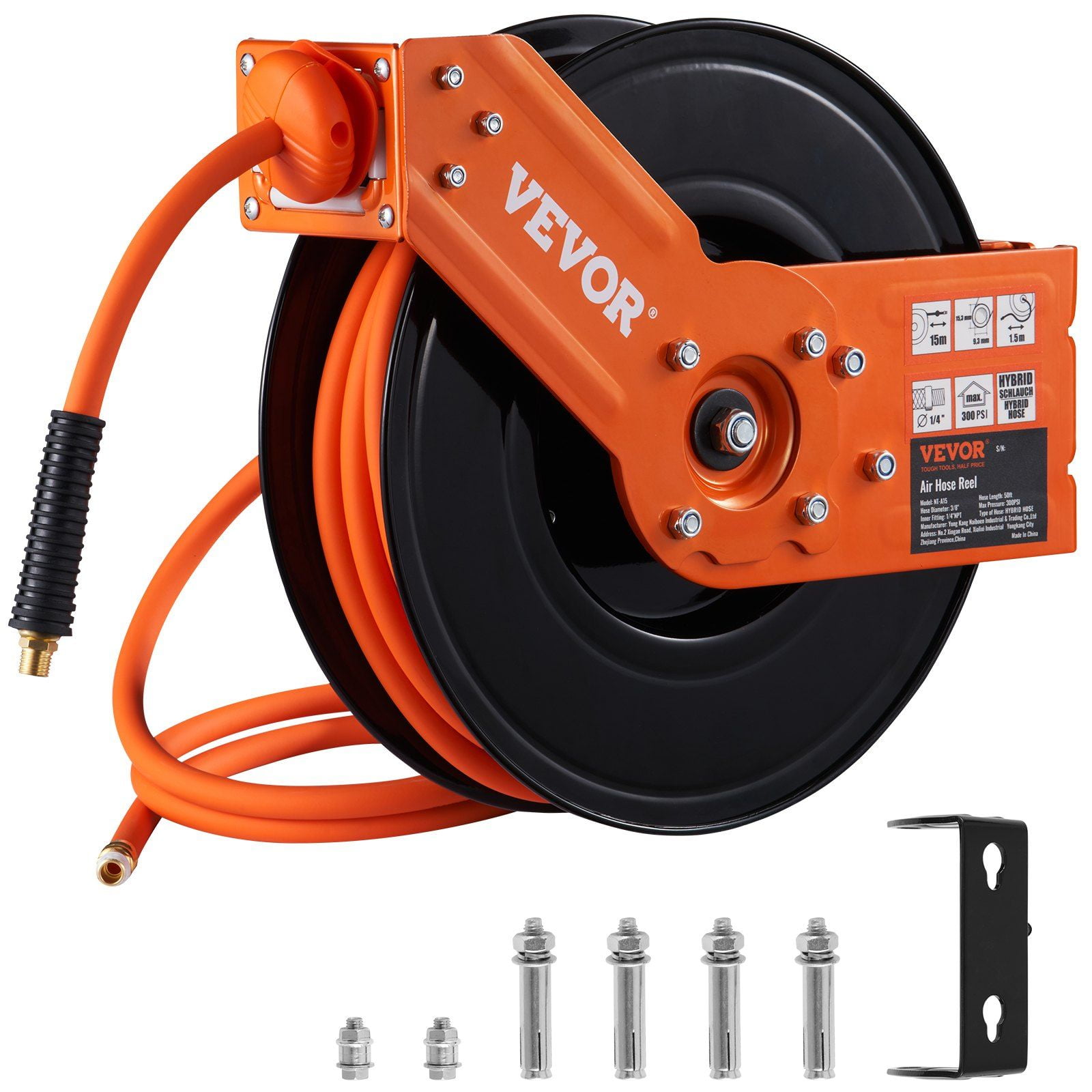 Retractable Air Hose Reel, 3/8 IN x 50 FT Hybrid Air Hose Max 300PSI, Air Compressor Hose Reel with 5 ft Lead in, Ceiling / Wall Mount Heavy Duty Single Arm Steel Reel