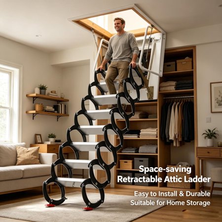 Retractable Attic Ladder, Wall-Mounted Attic Ladder, Folding Attic Stairs – 12-Step Iron, 1102 lbs, 133" Ext, 5.3" Non-Slip Treads for Attics, Garages, Roofs, Basements