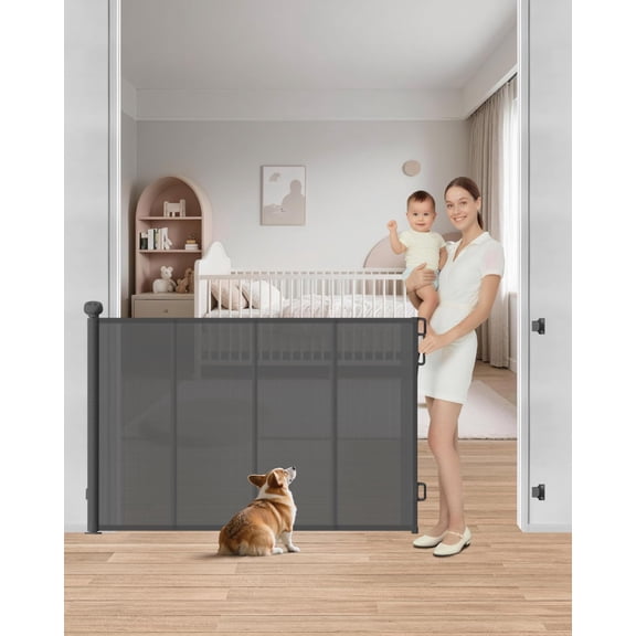 Retractable Baby Gate, 55" Wide Mesh Gate with 4 Reinforced Rods, Prevents Kids & Dogs from Crawling Under, 34" Tall Easy-to-Use Pet Gate for Stairs, Bedrooms, Hallways, Indoor/Outdoor, Gray