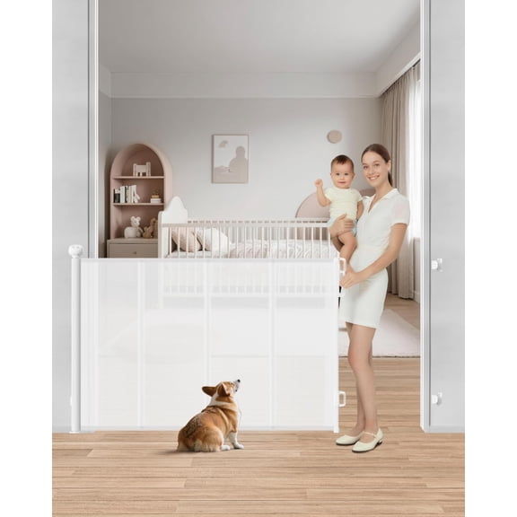 Retractable Baby Gate, 55" Wide Mesh Gate with 4 Reinforced Rods, Prevents Kids & Dogs from Crawling Under, 34" Tall Easy-to-Use Pet Gate for Stairs, Bedrooms, Hallways, Indoor/Outdoor, White