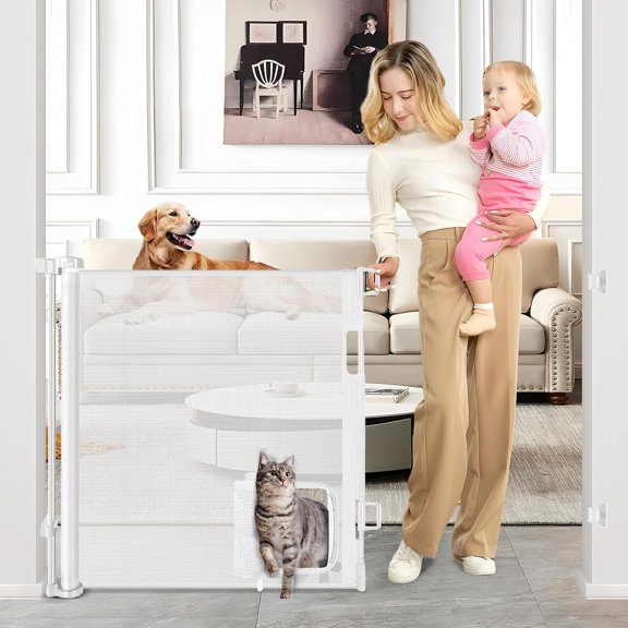 Gate with Cat Door 55" Wide Retractable Baby Gate for Stairs Mesh Baby Gate with Pet Door Retractable Dog Gate for The House Retractable Pet Gate with Door Safety Gates for Toddlers