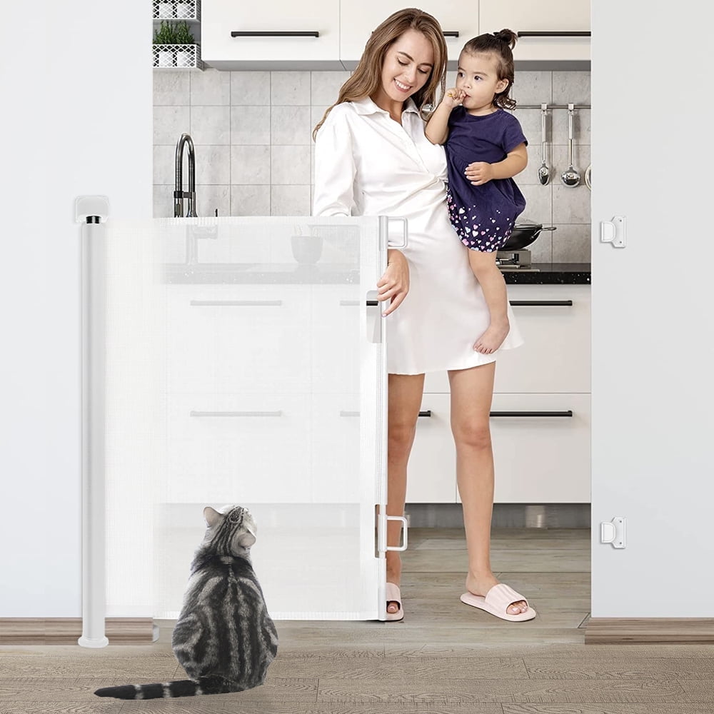 Retractable Baby Gate Indoor/Outdoor Safety Gate for Kids Pets Mesh Fence 33.8 Inch Tall Extends to 55 Inch Wide Safety Barrier for Stairs Hallways Kitchen Bedroom Doorways