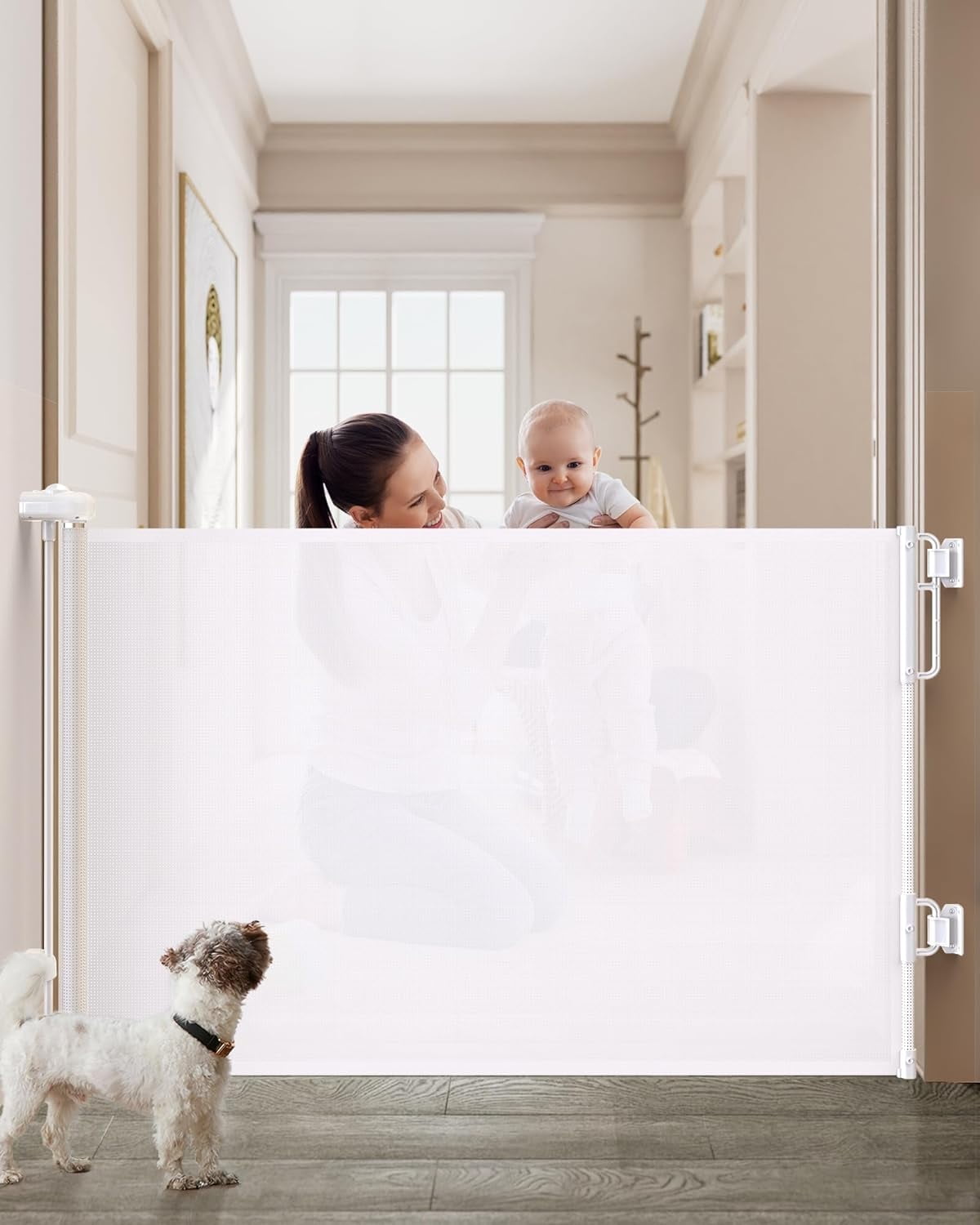 Retractable Baby Gate Mesh Dog Gates 55 33 Tall Kids Gate for Doorways Stairs Hallways Deck Porch White