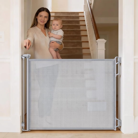 Retractable Baby Gate for Stairs & Doorways - 55" Wide Portable Safety Gate | Fits Baseboards, Easy to Use Indoor/Outdoor | Mesh Gate for Dogs, Puppies, Gray