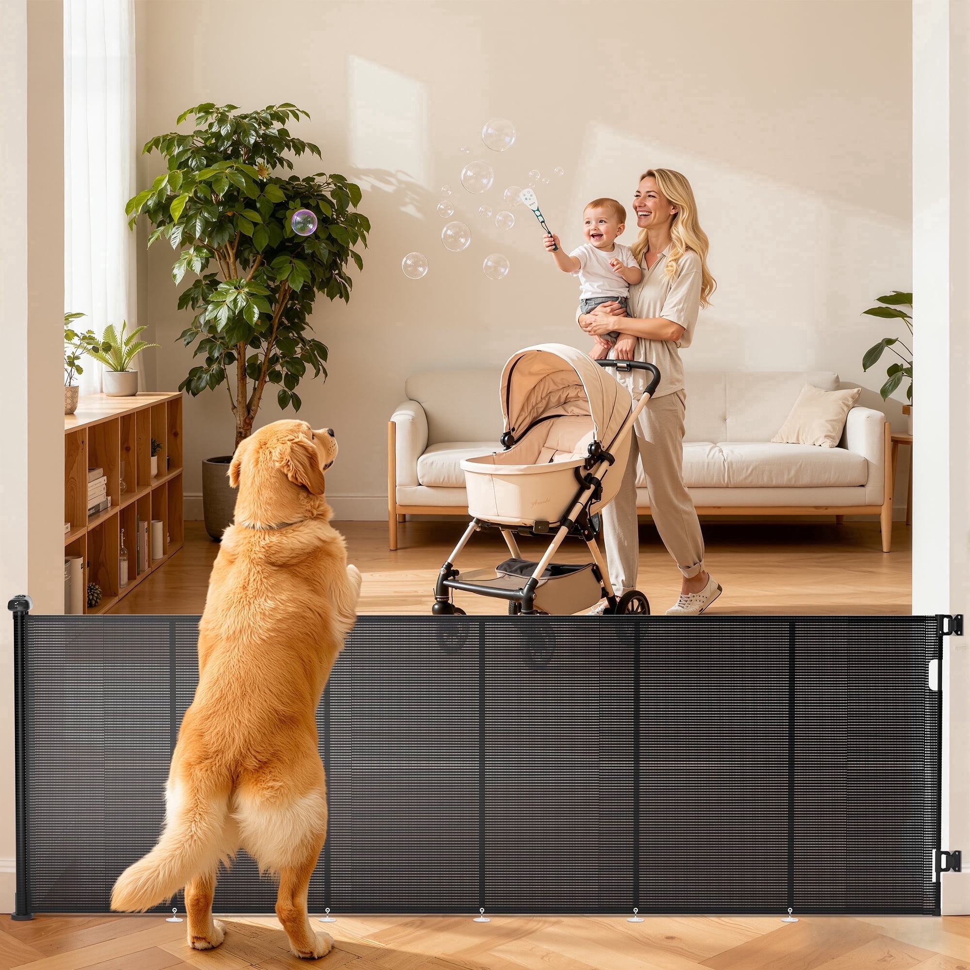 Retractable Baby Gate, TULILLO 42in Tall Baby Safety Gate, 120" Wide Baby Gate Dog Gate for Stair, Doorway, Auto-Lock,Black