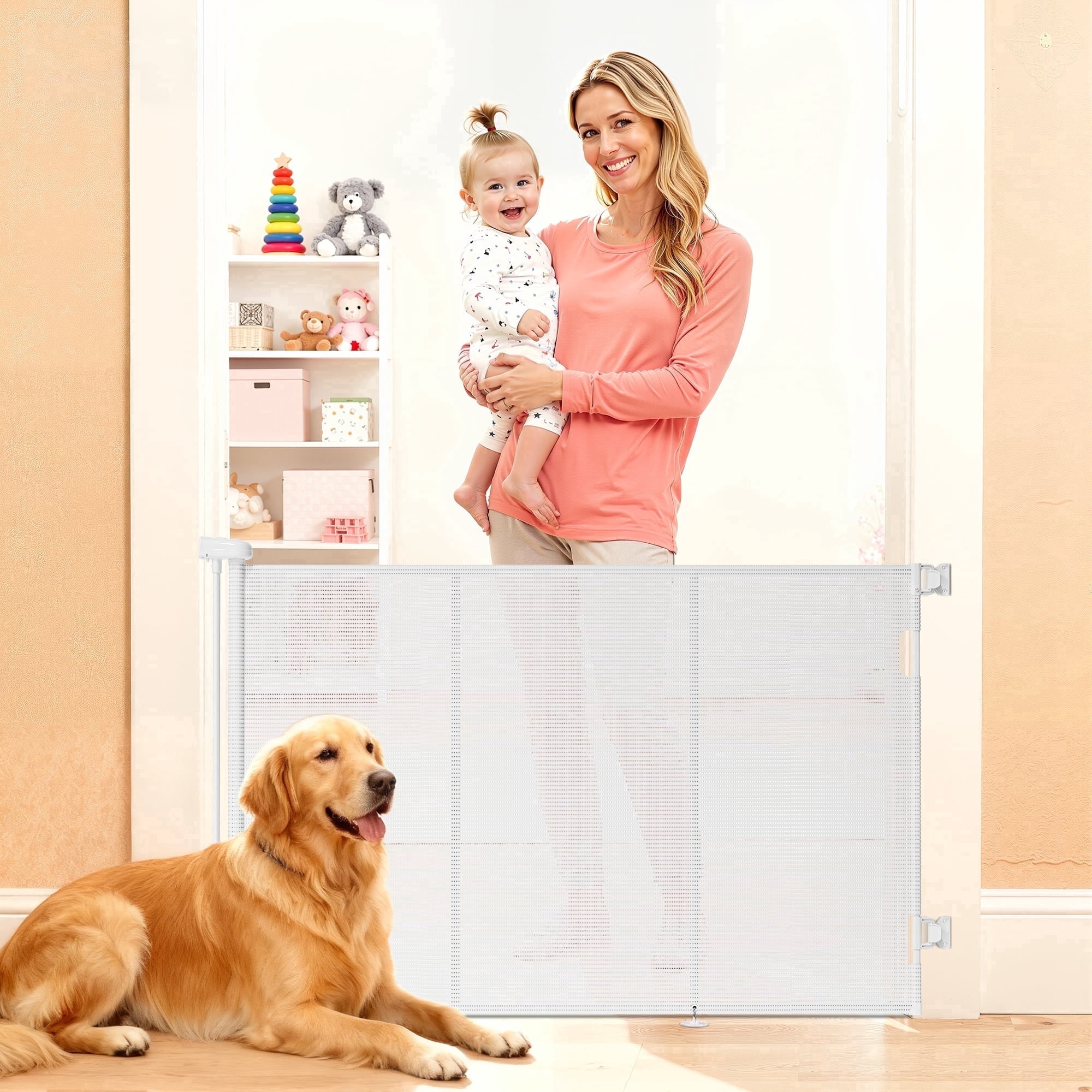Retractable Baby Gate, TULILLO 42in Tall Baby Safety Gate, 59" Wide Baby Gate Dog Gate for Stair, Doorway, Auto-Lock,White