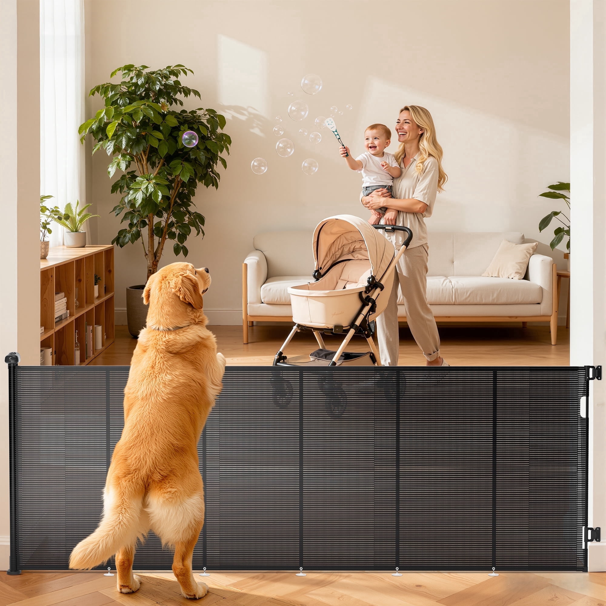 Retractable Baby Gate, TULILLO 48in Tall Baby Safety Gate, 120" Wide Baby Gate Dog Gate for Stair, Doorway, Auto-Lock, Black