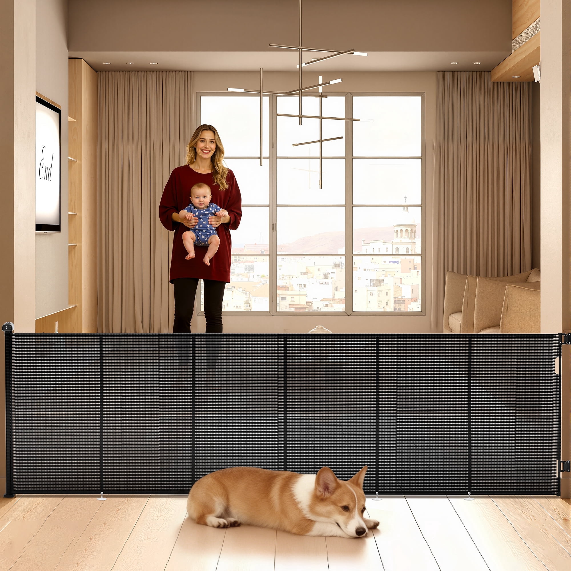 Retractable Baby Gate, TULILLO 48in Tall Baby Safety Gate, 150" Wide Baby Gate Dog Gate for Stair, Doorway, Auto-Lock, Gray