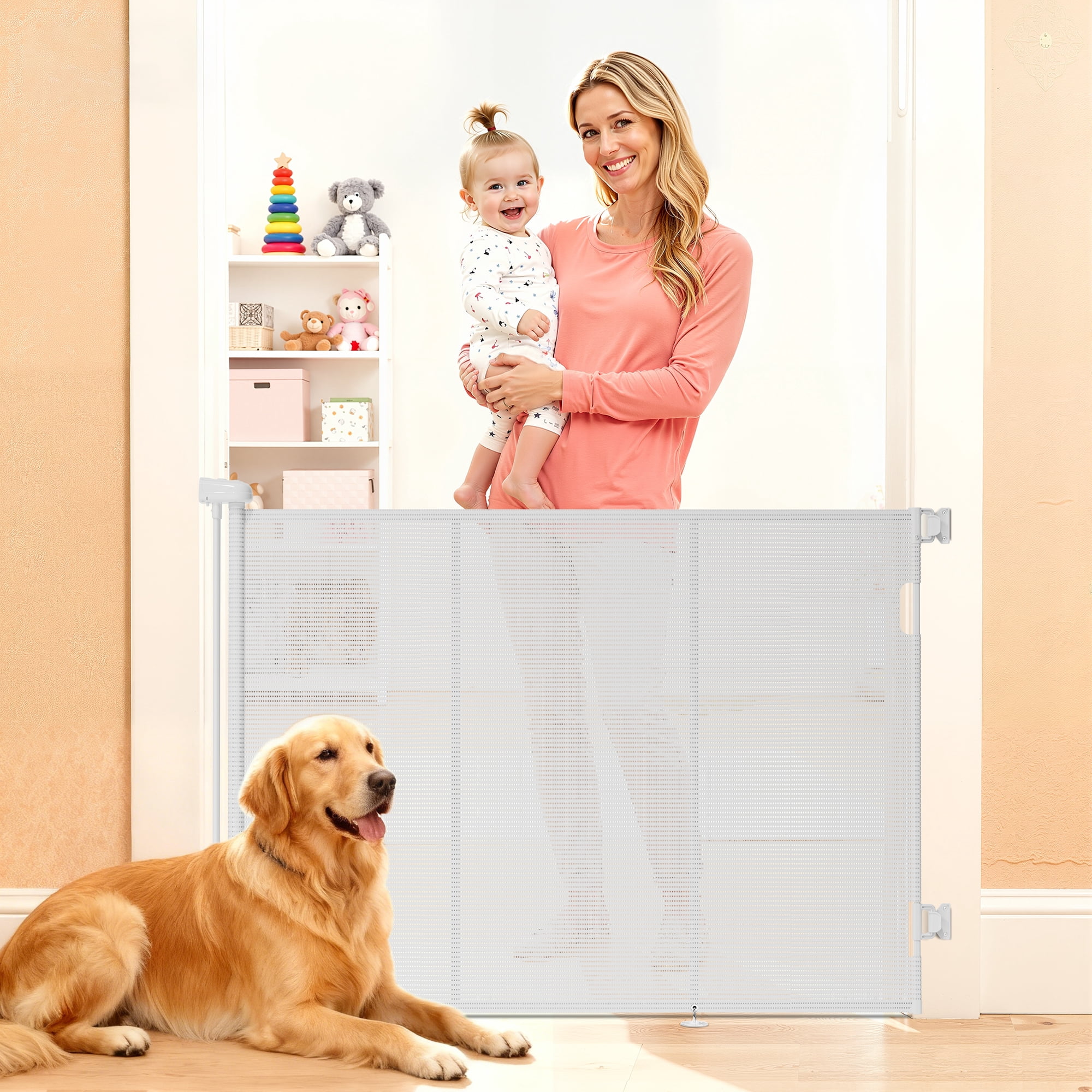 Retractable Baby Gate, TULILLO 48in Tall Baby Safety Gate, 59" Wide Baby Gate Dog Gate for Stair, Doorway, Auto-Lock,White