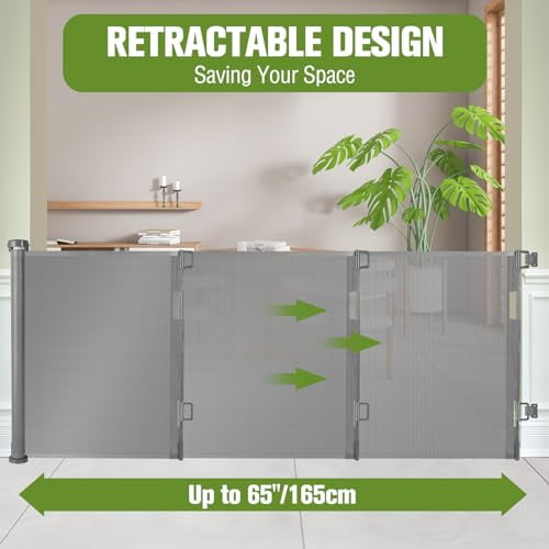 Retractable Baby Gates 65" Wide Baby Gate for Stairs Retractable Dog Gate Indoor Mesh Pet Gate Outdoor Retractable Gate Stair Gates for Kids or Pets Child Gate Dog Gates for Doorways, Decks, Gray