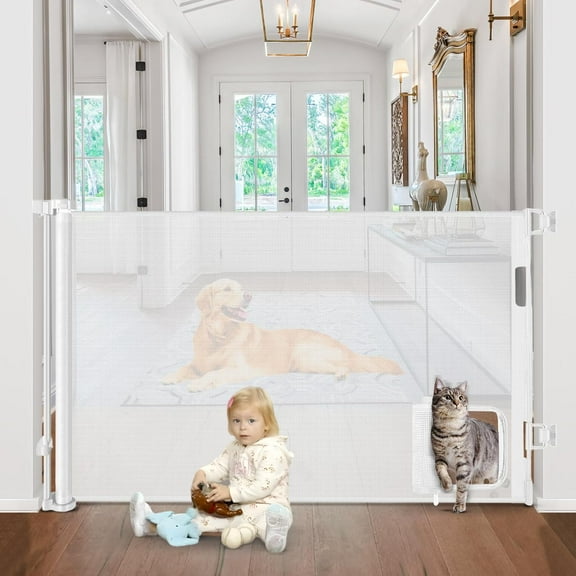 Gates with Cat Door 80" Wide Retractable Dog Gate with Pet Door Outdoor Retractable Gate for Dogs Retractable Pet Gate with Door Mesh  Gate Retractable Mesh Dog Gate (White)