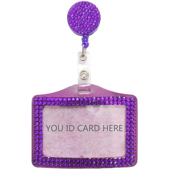 Retractable Badge Holder Handmade Bling Crystal Fashion Style Badge Reel with Horizontal Card Holder Pouch for ID Card Badge Business Card, 26 inch Retractable Cord (Purple)