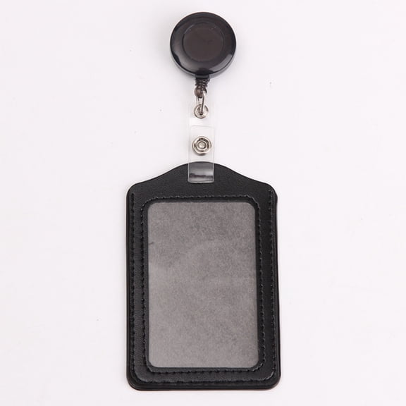 Retractable Badge Holder with Horizontal Leather Card Holder, ID Card Holder on Retractable Reel with Belt Clip for Work, School, Office, Hospital, Convention, 1 PC