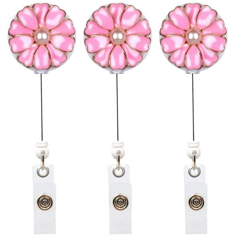 Retractable Badge Holder, ID Badge Reel with Pearl, 3 Pack (Pink) 