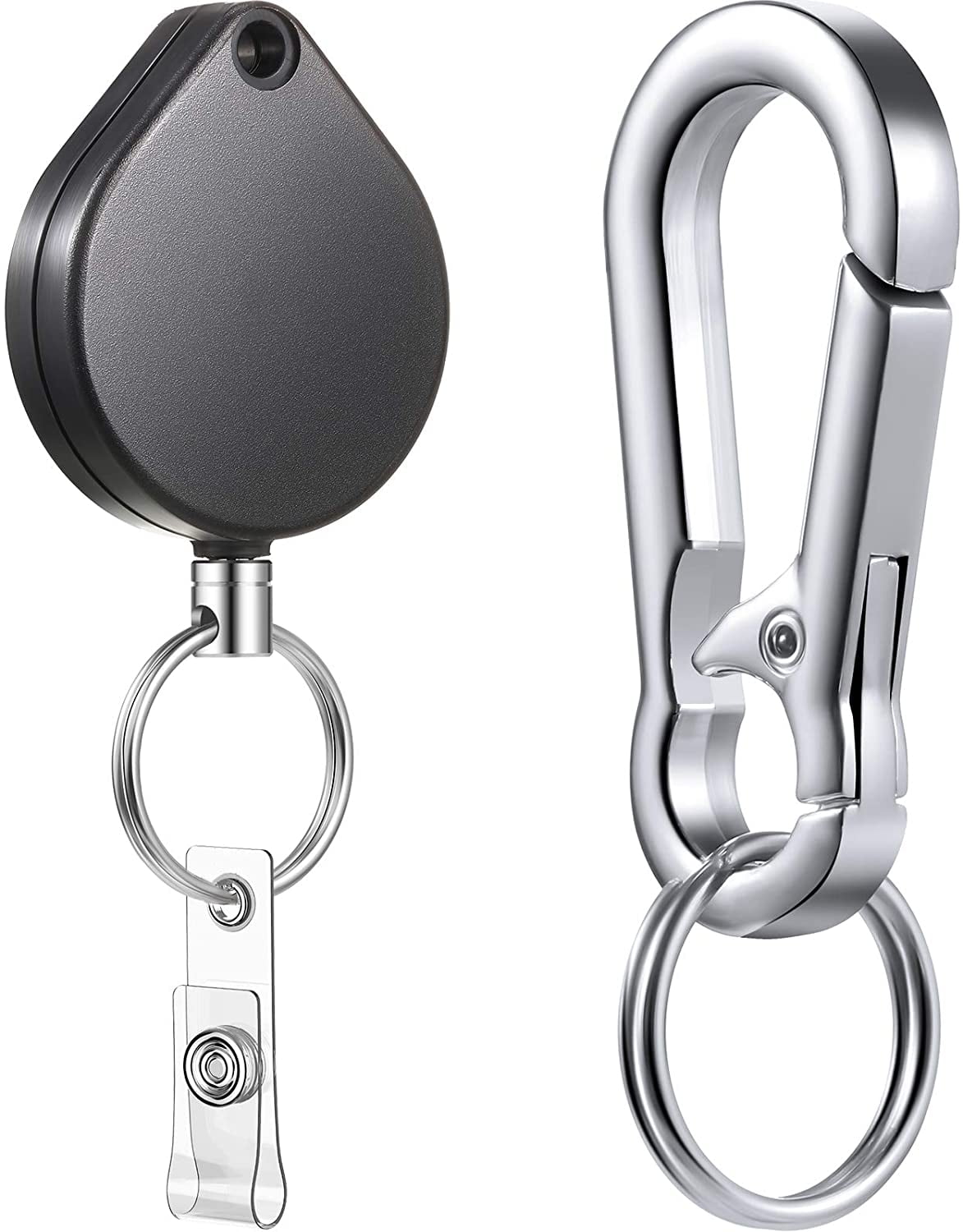 2 Pack - Secure Belt Clip Key Holder with Metal Hook & Heavy Duty 1 1/4  Inch Keychain Ring - Metal Key Chain Keeper for ID Badge & Keys or Small  Tools