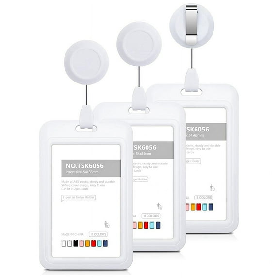 Retractable Badge Holders, Hard Plastic Sliding ID Badge Holder with Retractable Badge Reel Clips , 3 Pack White