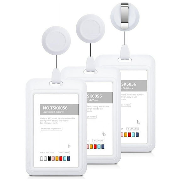 Retractable Badge Holders, Hard Plastic Sliding ID Badge Holder with Retractable Badge Reel Clips , 3 Pack White