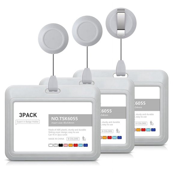Retractable Badge Holders, Plastic Sliding ID Badge Holder with Retractable Badge Reel Clips, 3 Pack Horizontal Grey