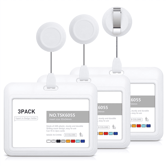 Retractable Badge Holders, Plastic Sliding ID Holder with Reel Clips, 3 Pack Horizontal White