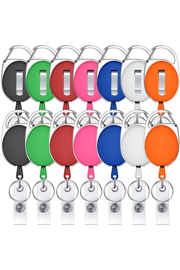 Retractable Badge Holders, Viaky 14 Pack Badge Carabiner Reels with Belt Clip Multicolor Key Ring for ID Card in Assorted Colors, Name Tags Keycard & Badges with Metal Clip (7 Color)