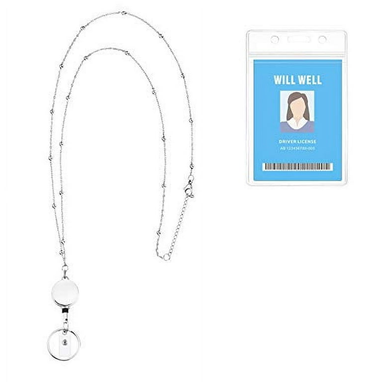 Retractable Badge Reel Lanyard with ID Holder for Women Will Well Fashion Beaded Lanyard Stainless Steel Necklace with Water Resistant Name Badge