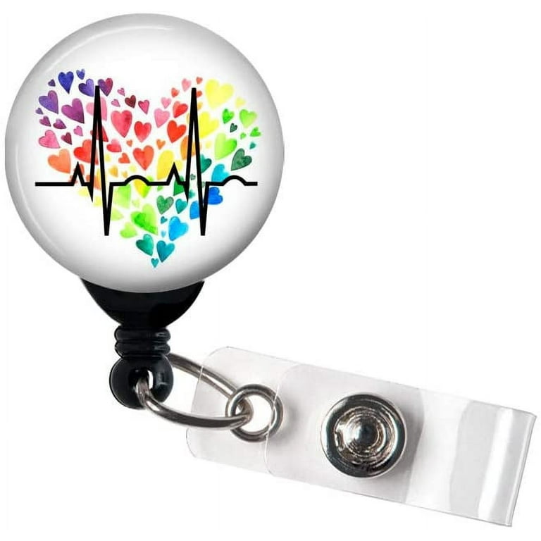 Retractable Badge Reel - Rainbow Heart EKG - Badge Holder with Swivel Clip  / Nurse Badge / Hospital / LGBT / Pride / Medical