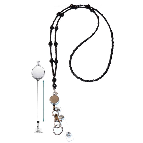 Retractable Badge Reel, Simple Black Women's Slim Style Beaded Fashion Lanyard Necklace, 34" Strong Jewelry Lanyard, ID Holder, Keys