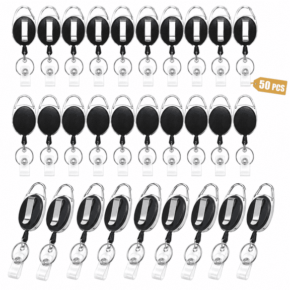 Retractable Badge Reels 50 Pack Heavy Duty ID Badge Holder with Clip and Key Ring for Office Nurse Doctor Employee (Black)