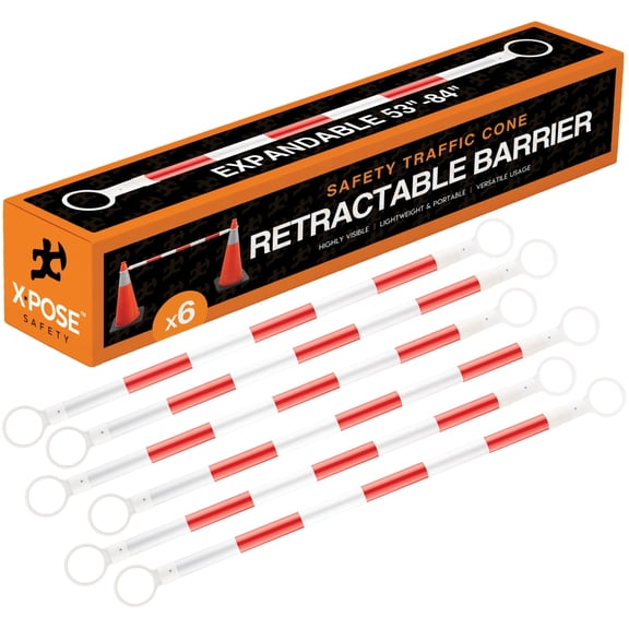 Retractable Barrier for Safety Traffic Cones - 2" OD - 53"-84" Large Orange and White Bar Barricade - for Road Construction, Parking, Warning, Temporary Security Divider - by Xpose Safety Pack of 6