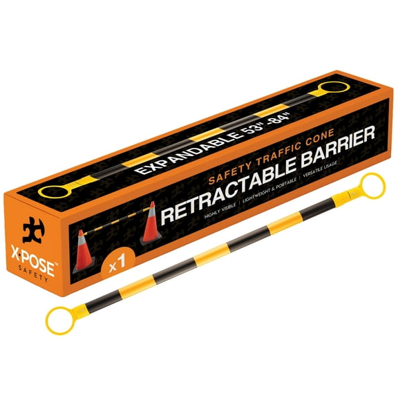 Retractable Barrier for Safety Traffic Cones - 53" to 84" - 2" OD - Large Yellow and Black Bar Barricade - for Road Construction, Parking, Warning, Temporary Security Divider by Xpose Safety