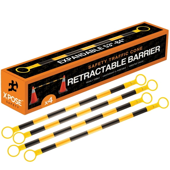 Retractable Barrier for Safety Traffic Cones 53" x 84" - 2" OD - Large Yellow and Black Bar Barricade 4 Pack - for Road Construction, Parking, Warning, Temporary Security Divider by Xpose Safety