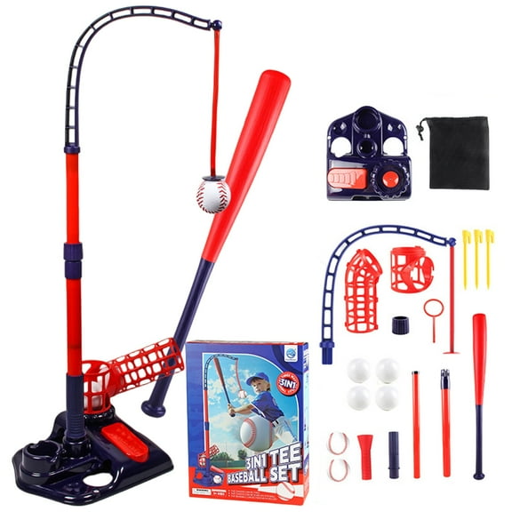 Retractable Baseball Tee Set with Pitching Machine and Bat for Skill Development Outdoor Indoor Sports Training Game with 6 Balls, Red