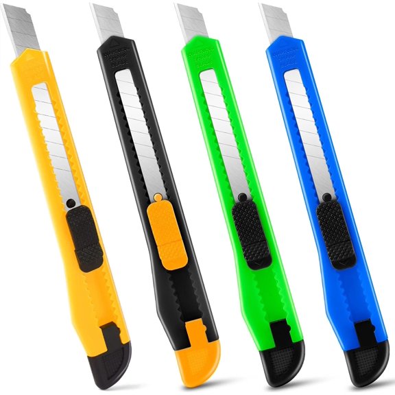 Retractable Box Cutter 4 Pack - Premium Utility Knife with 9mm Wide Snap-Off Blades - Razor Box Opener for Cardboard, Craft, Home & Office Use