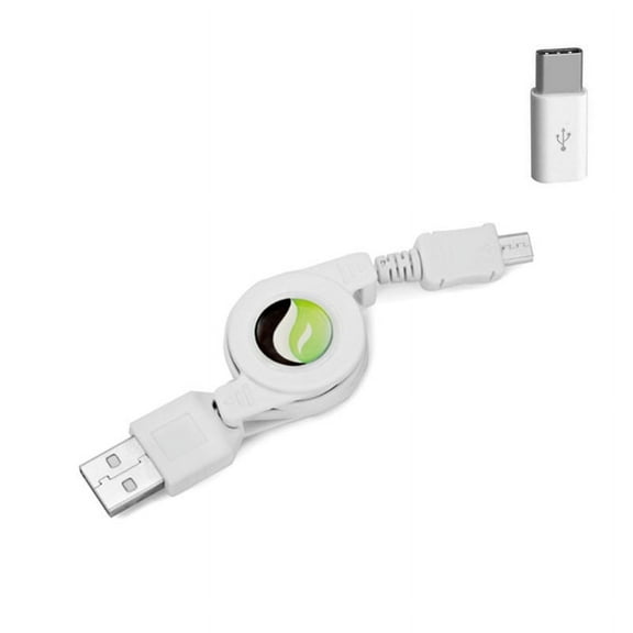 Retractable Cable with USB-C Adapter for Samsung Galaxy Tab A9/Plus - Power Wire Fast Charger Cord Type-C Sync White
