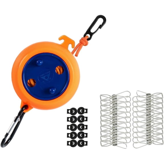 Retractable Camping Clothesline, Adjustable Travel Laundry Rope, Heavy Duty Washing Line with 20 Clothespins & 10 Stoppers for Indoor/Outdoor, Camping, Travel, Courtyard, 33ft (Orange 26ft)