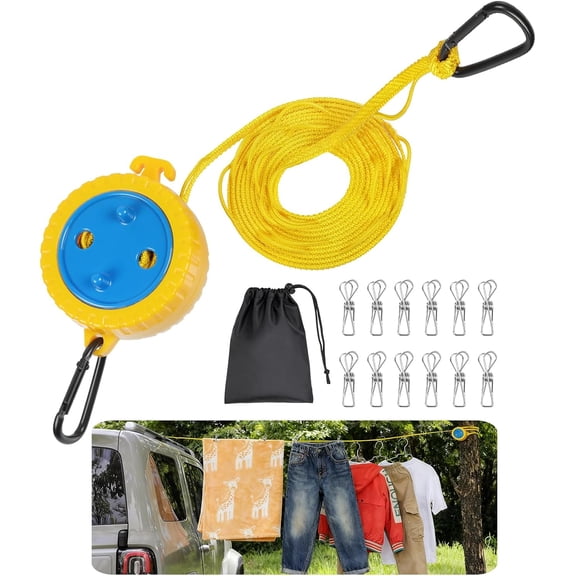 Retractable Camping Clothesline, Portable Travel Clothes Line, Windproof Laundry Line with Clothespins & Hang Holes, Indoor Outdoor Drying Rope for Hotel Trip, Cruise, RV (Yellow, 12.5 Ft)