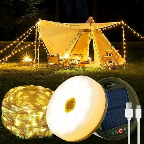 Retractable Camping String Lights, 12M 120LED Solar Outdoor String Lights, USB Rechargeable, IP65 Waterproof 8 Modes, Solar Camping String Lights for Garden, Hiking [Energy Class F]