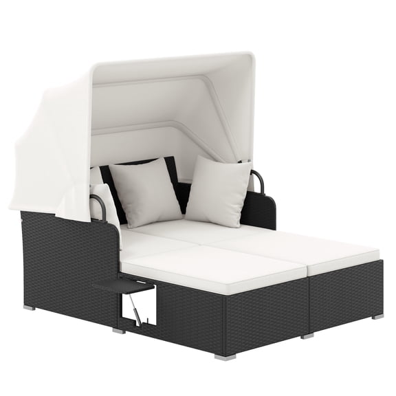 Retractable Canopy, 2 Foldable Side Tables Rattan Outdoor Daybeds, Off White