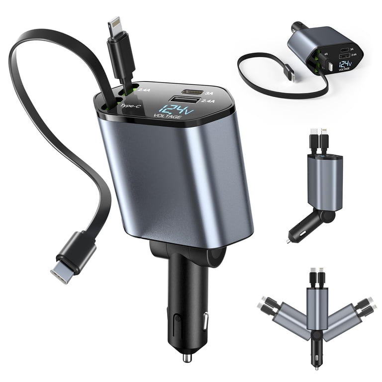 Retractable Car Charger 4-in-1 120W With USB-C Cable - Fast Charging ...