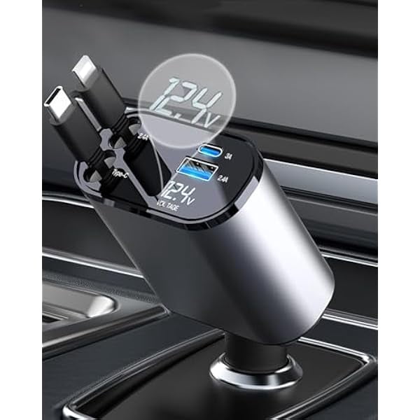Retractable Car Charger, 4 in 1 USB C Car Charger 60W,Retractable Cables (2.6Ft) and 2 USB Ports Car Charger Adapter,Compatible with iPhone 16/15/14/13/12/11 Pro Max/XS MAX,iPad,Galaxy S25 Ultra/S25+