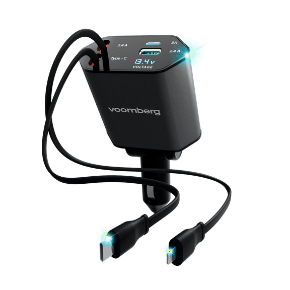 4-in-1 Retractable 66W Car Charger with USB-C & USB-A Ports, Fast Charging Adapter, Compatible with iPhone 16/15/14/13/12/11, Samsung Galaxy, Android Devices