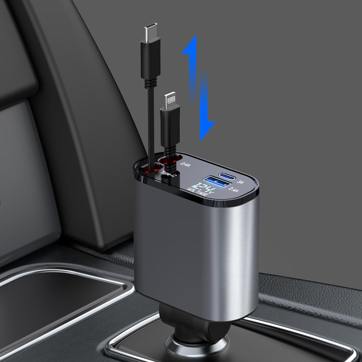 Retractable Car Charger, 4 in 1 Fast Car Phone Charger 65W, Retractable