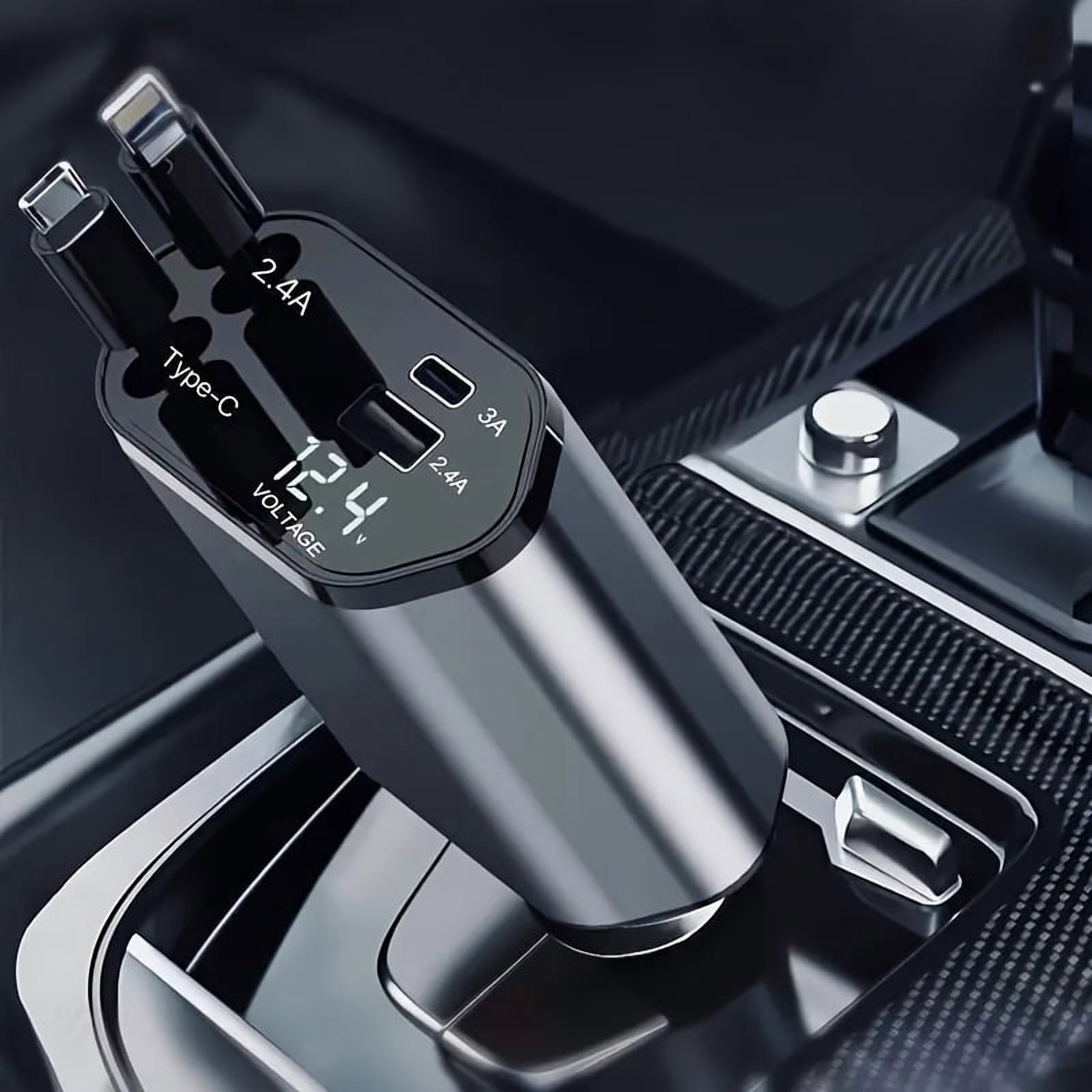 Retractable Car Charger 4in 1 Fast Car Phone Charger, Type C/IOS Car Charger Adapter with 2X Retractable Phone Charger Cables And 2X USB Ports for iPhone 15/14/13/12 Max, Samsung S24/S23, Smartphon