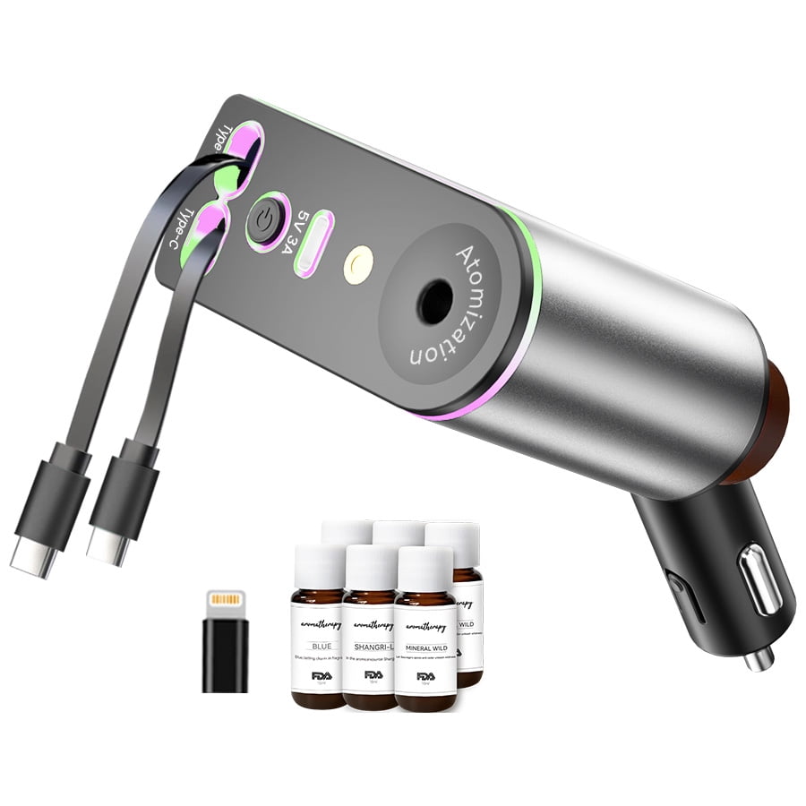 Retractable Car Charger 5 in 1 power adapter, starlight car charger with Car Aromatherapy, 45W car phone charger USB C Fast Charging for iPhone 16 15 14 & Android