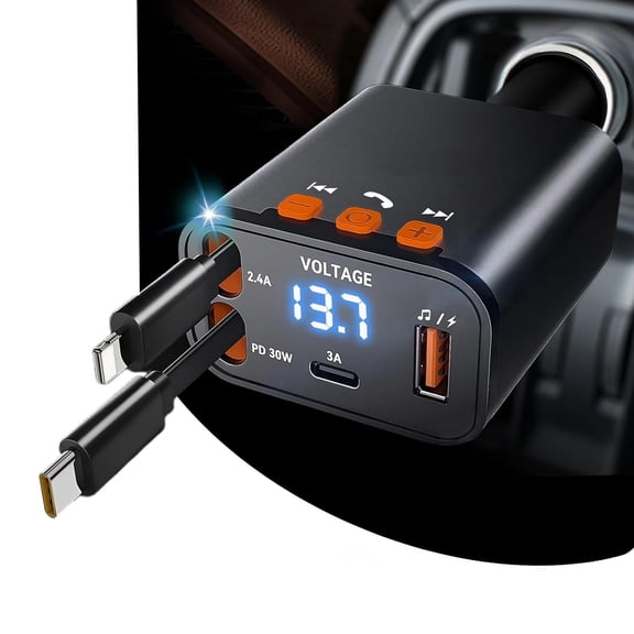 Retractable Car Charger, 69W Fast Car Charger with Dual Retractable Cables, Bluetooth 5.3 FM Transmitter, Hands-Free Calling, USB C Fast Charging Car Adapter for iPhone and Android (Grey)