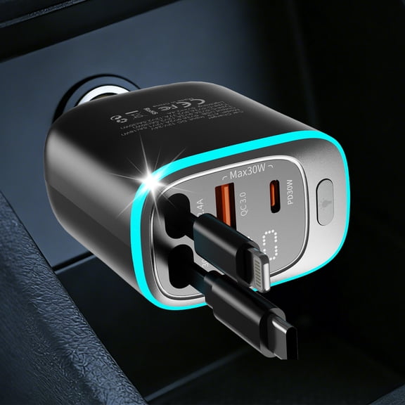 KT1 Retractable Car Charger Usb C, PD30W, QC3.0 Fast Car Charger, 180° Adjustable Retractable Car Charger with Fast Charging, compatible for iPhone, iPad, Airpod, Android