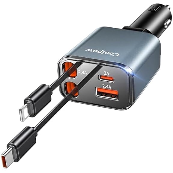 Retractable Car Charger Adapter4 in 1 Fast ChargingRetractable Car Charger USB C Car Phone Charger USB C Cigarette Lighter Charger Adapter Car Charging Block Cube for iPhone 17 Pro Max 16 15