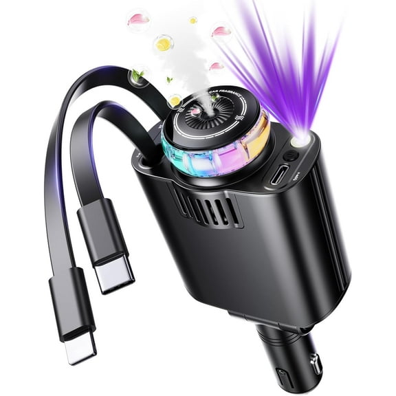 Retractable Car Charger with Aromatherapy and Starlight, 5 in 1 USB C Car Charger Adapter, 69W Fast Charging Cars Phone Chargers, Cars Air Freshener Compatible with iPhone 16 15 14 13 12 and Android