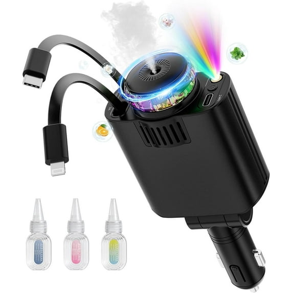 Retractable Car Charger with Aromatherapy and Starlight, 5 in 1 USB C Car Charger for iPhone 16 15 14 13 12 11, Fast Charging Compatible with iPhone Android (Black)